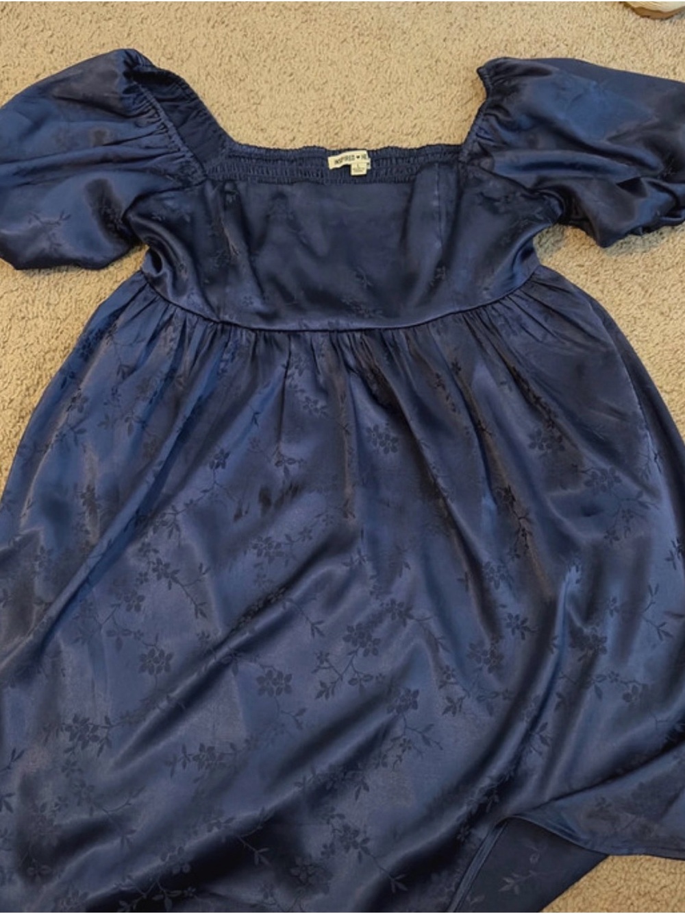 Girls Navy Puff-Sleeve Satin Dress